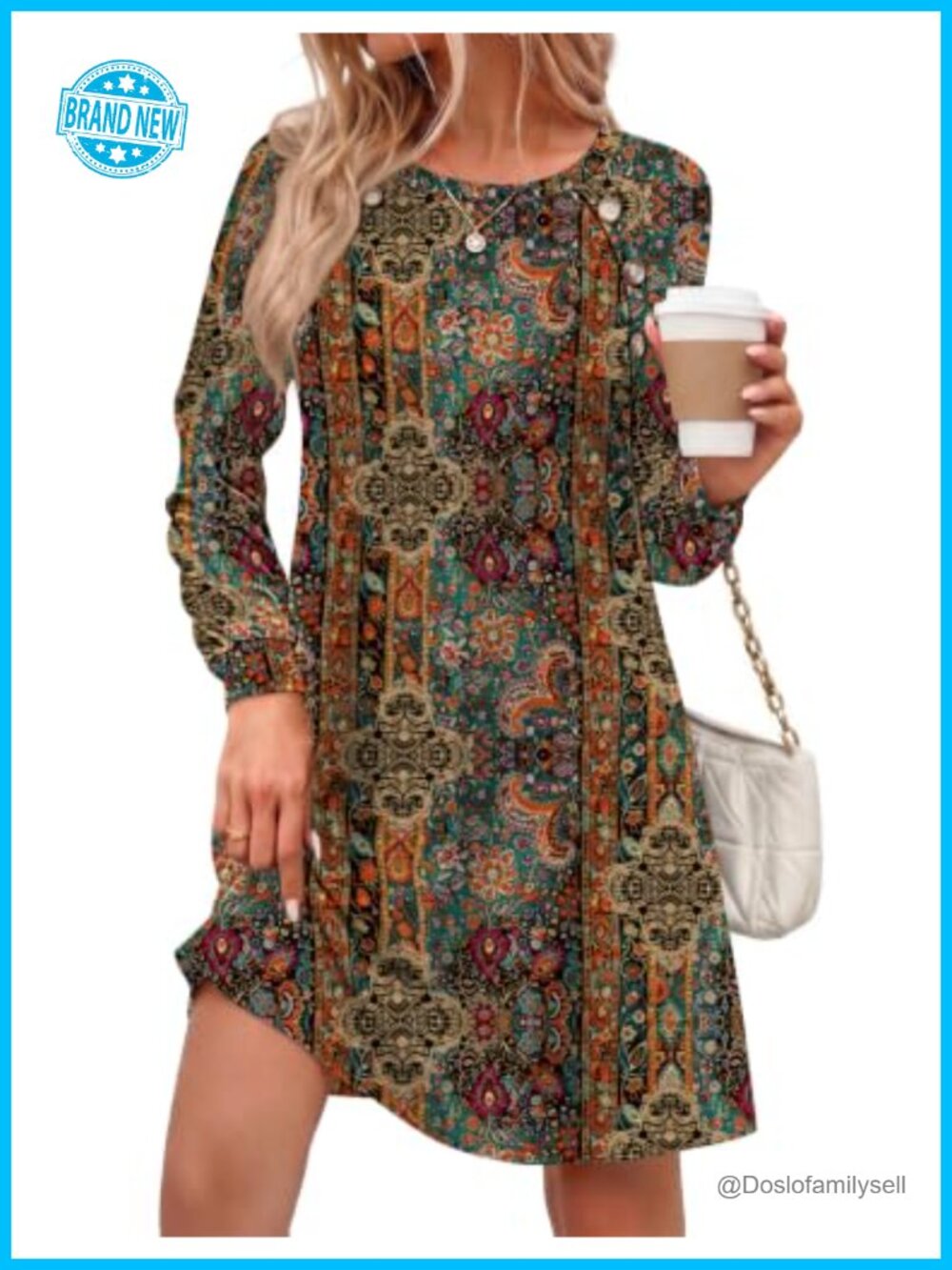 Women's Long Sleeve Tunic Dress Side Button Crew Neck A-Line Flowy with Pockets